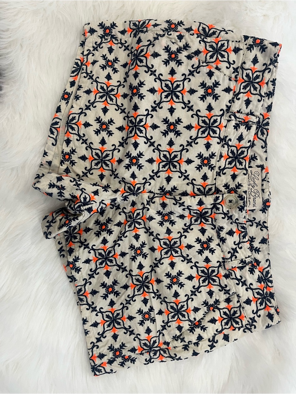 Lucky Brand Cream Shorts with Navy and Orange Tile Print
